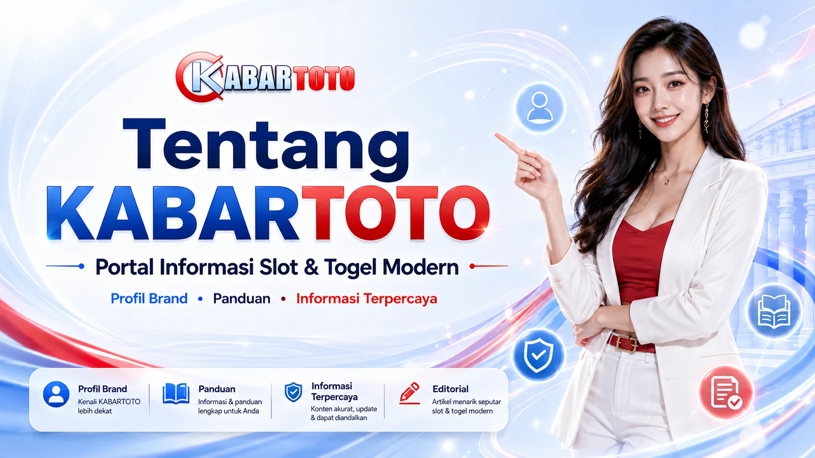Banner halaman About KABARTOTO dengan karakter elegan dan nuansa terang