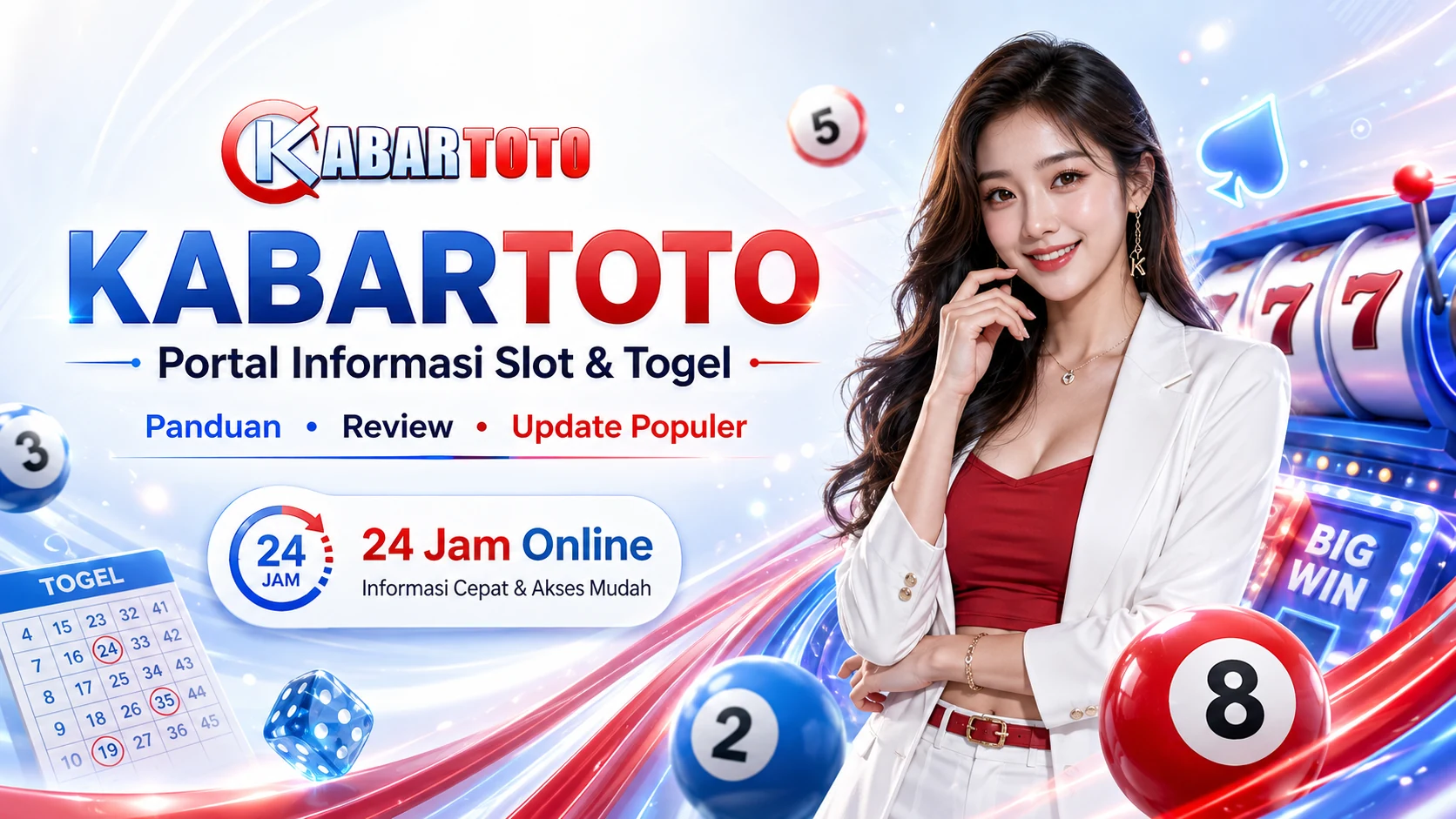 Banner homepage KABARTOTO bergaya terang merah biru dengan tema slot dan togel